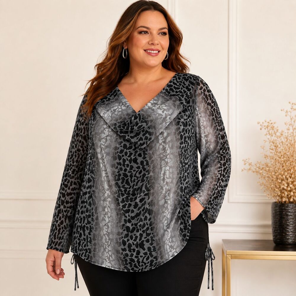 Lane Bryant Sheer Leopard Chiffon Blouse 18 20 2X Cowl Ombre Gray Black Boho Top